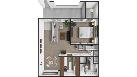 A top-down view of a small apartment with a kitchen, living room, and bathroom.
